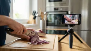 Una persona taglia una cipolla rossa su un tagliere mentre registra con uno smartphone su treppiede