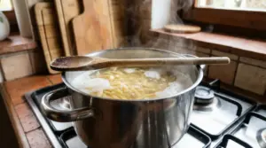 Pentola di pasta in ebollizione con cucchiaio di legno appoggiato sopra per evitare che l’acqua fuoriesca