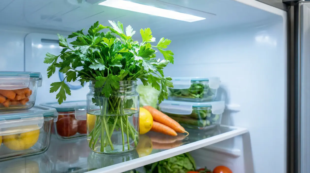 Mazzo di prezzemolo fresco in un barattolo con acqua, conservato in frigorifero tra altri alimenti