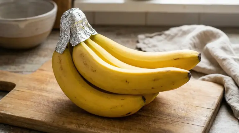 Grappolo di banane con i gambi avvolti in carta stagnola su tagliere di legno in cucina