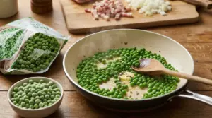 Piselli surgelati cotti in padella con burro e aromi su un piano da cucina