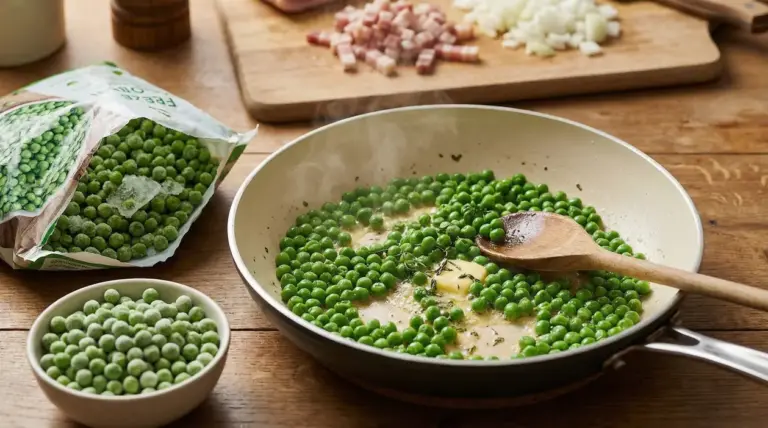 Piselli surgelati cotti in padella con burro e aromi su un piano da cucina