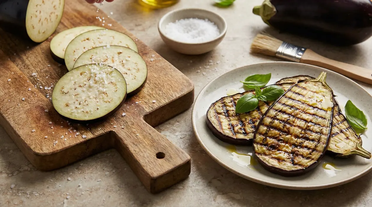 Fette di melanzane crude salate su un tagliere e melanzane grigliate su un piatto con basilico