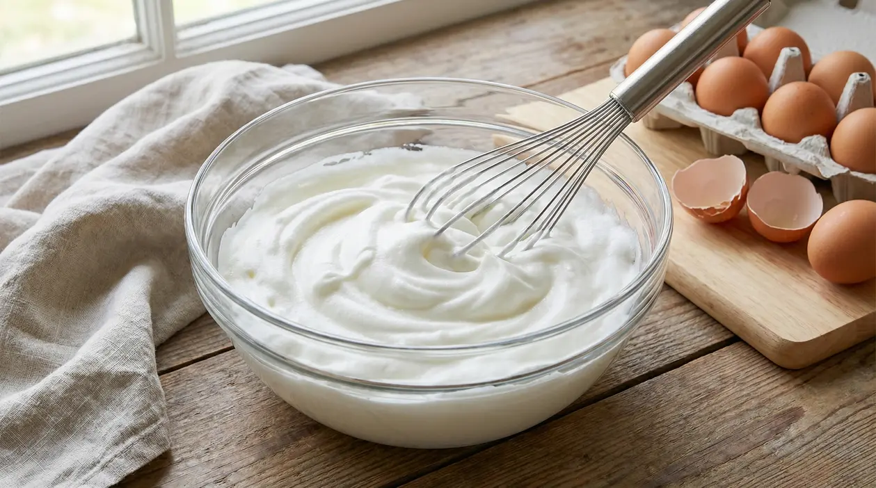 Ciotola di vetro con albumi montati a neve e frusta, con uova e gusci su un tagliere di legno