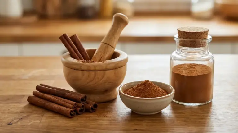 Bastoncini di cannella, mortaio con pestello, ciotolina e barattolo di cannella in polvere su tavolo di legno