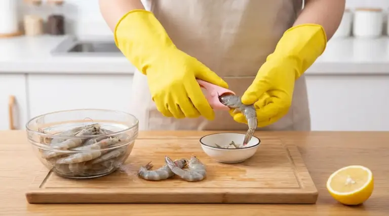 Persona con guanti gialli che pulisce gamberi su un tagliere in cucina
