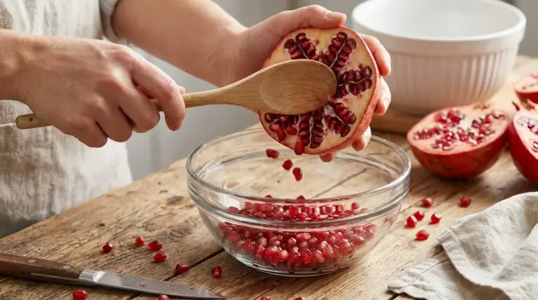 Persona che sgrana un melograno con un cucchiaio di legno sopra una ciotola di vetro
