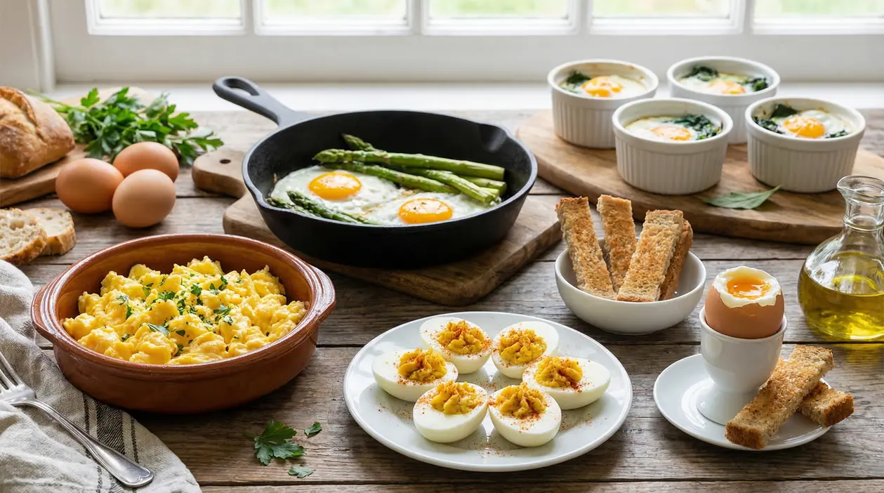 Varietà di piatti a base di uova cucinate in diversi modi su un tavolo rustico