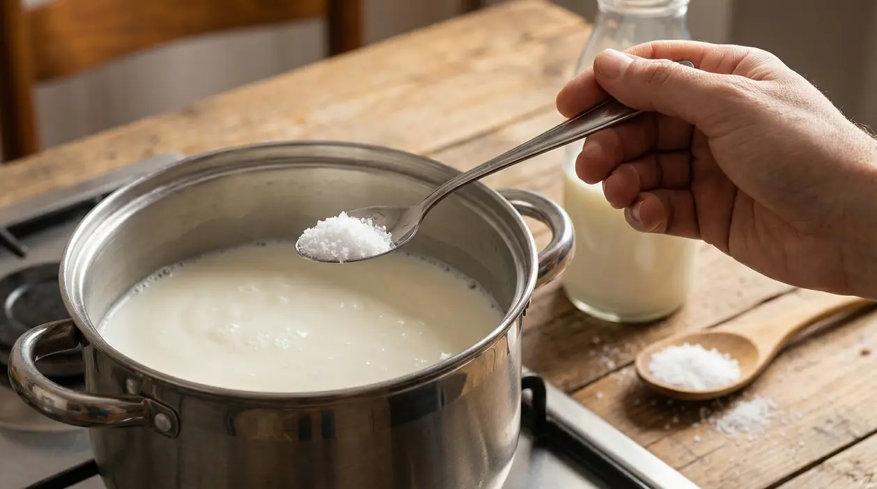 Una mano aggiunge un pizzico di sale in una pentola di latte sul fornello