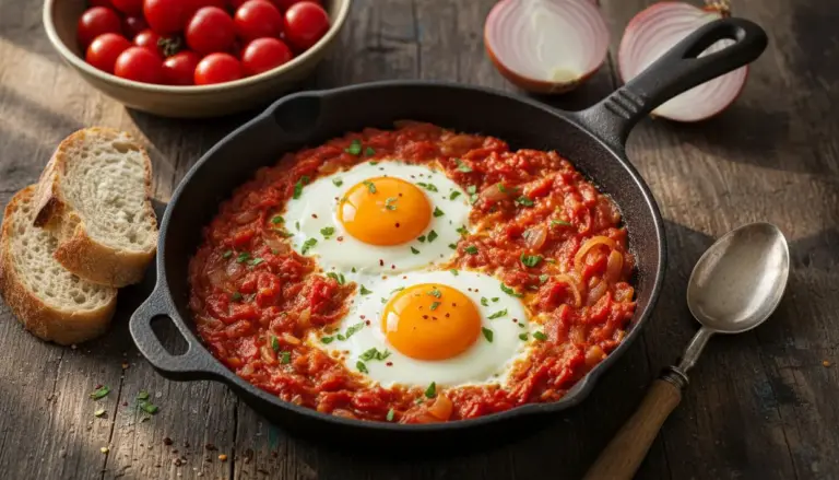 Uova al tegamino con pomodoro e cipolla in padella di ferro su tavolo rustico