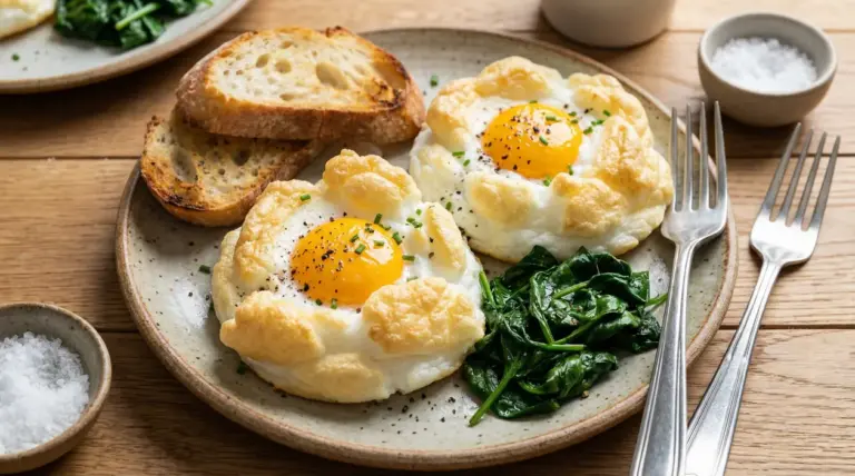 Uova montate al forno con tuorlo morbido, spinaci saltati e fette di pane tostato su un piatto