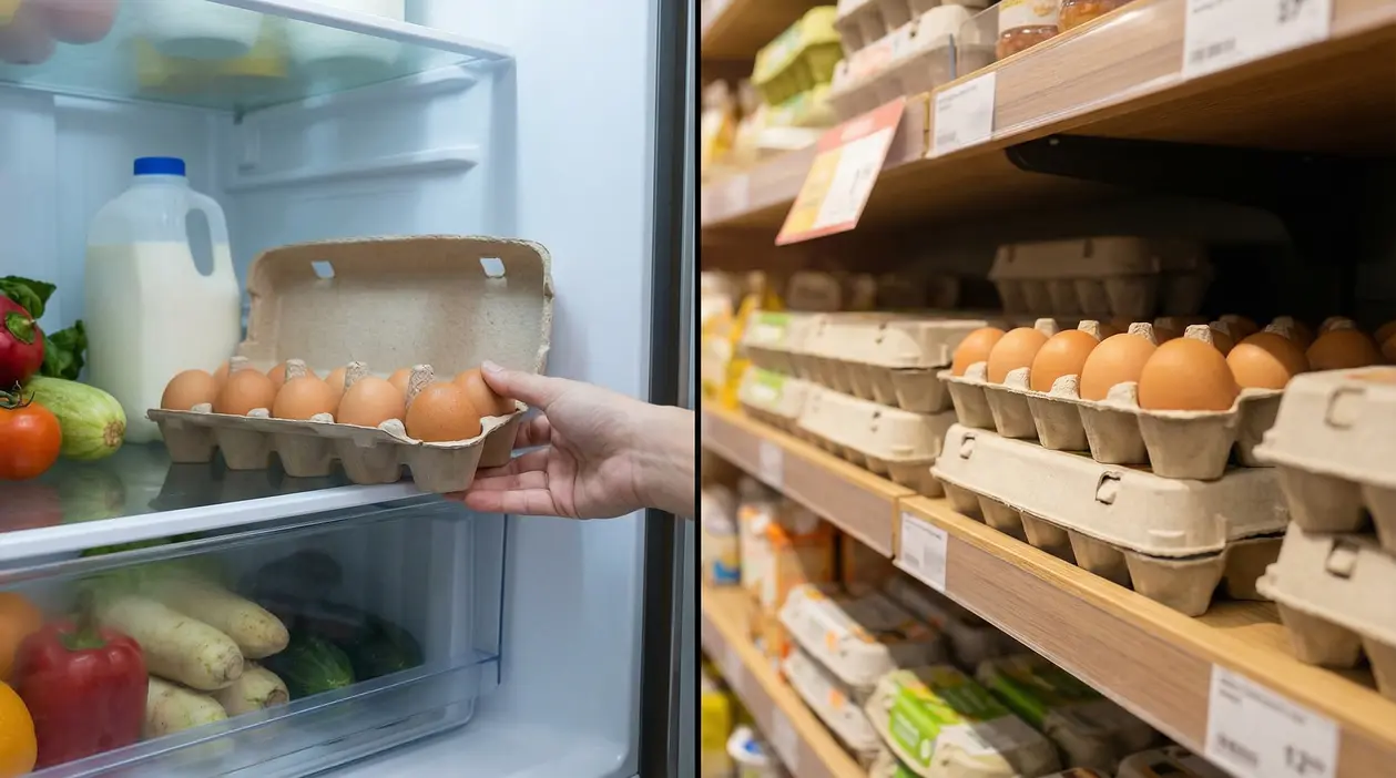 Cartone di uova riposto in frigo e confezioni di uova esposte a temperatura ambiente sugli scaffali del supermercato