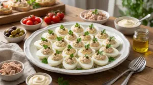 Uova sode ripiene con tonno e maionese servite su un piatto, decorate con capperi e prezzemolo