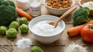 Ciotola di bicarbonato di sodio con verdure fresche su un tavolo da cucina in legno