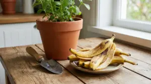 Vaso di terracotta con pianta verde vicino a bucce di banana su piatto di ceramica