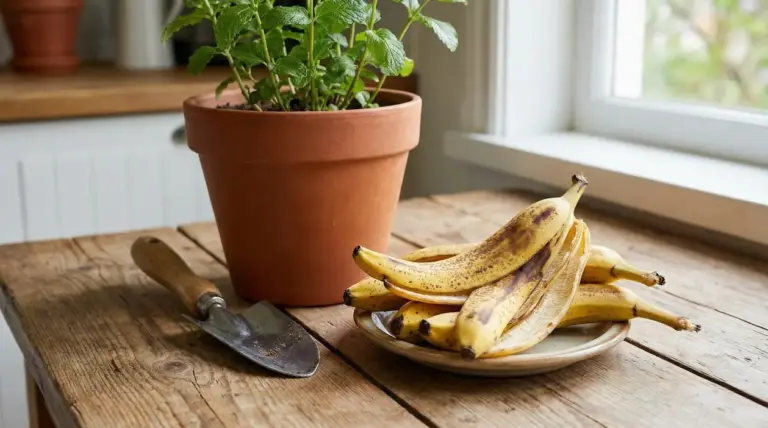 Vaso di terracotta con pianta verde vicino a bucce di banana su piatto di ceramica