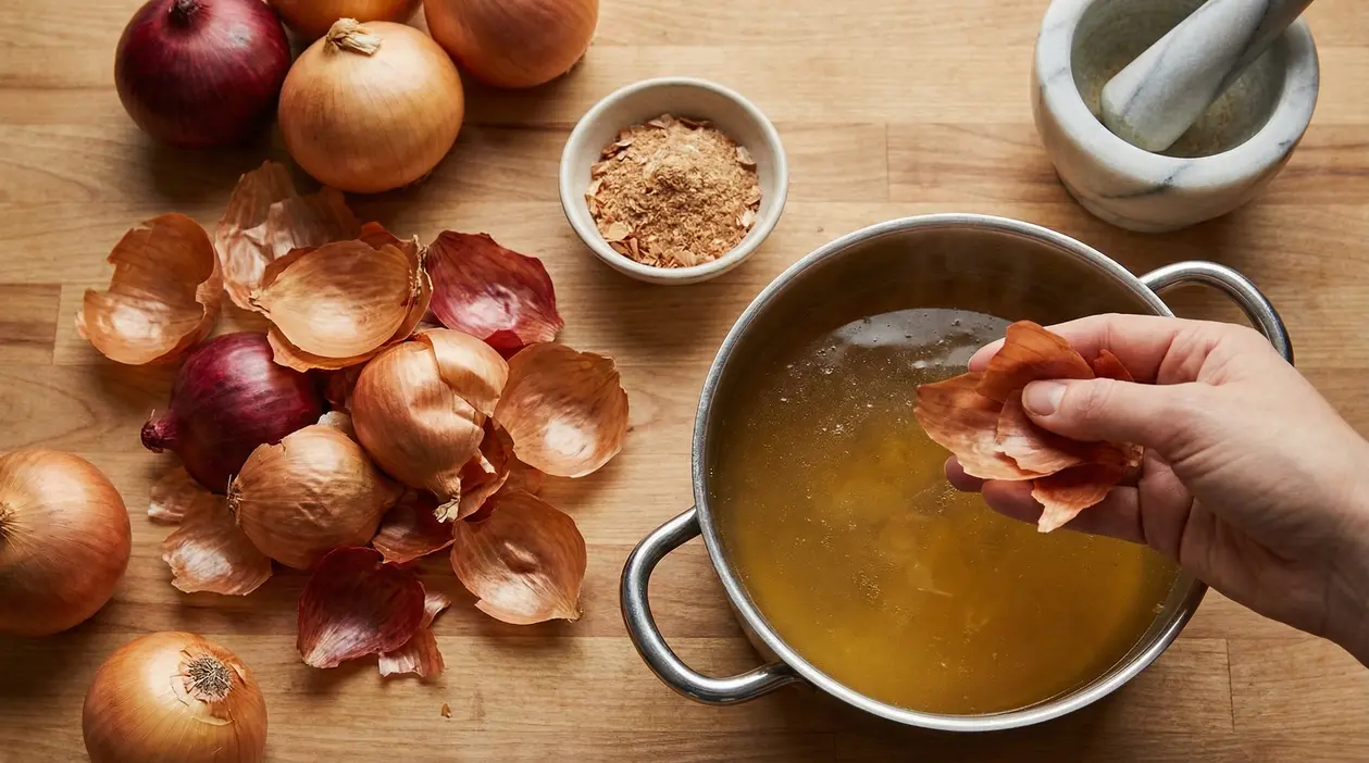 Mano che aggiunge bucce di cipolla in una pentola con brodo su un tavolo di legno
