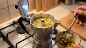 Caffettiera usata per preparare una zuppa di verdure su un fornello da cucina