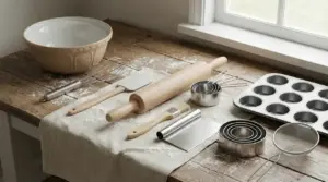 Utensili per dolci disposti su un tavolo in legno vicino a una finestra