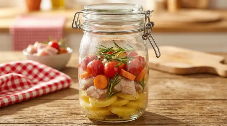 Barattolo di vetro per vasocottura con patate, pollo, pomodorini, carote e rosmarino su tavolo in legno