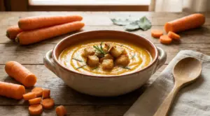 Vellutata di carote servita in una ciotola con crostini e rosmarino su un tavolo rustico