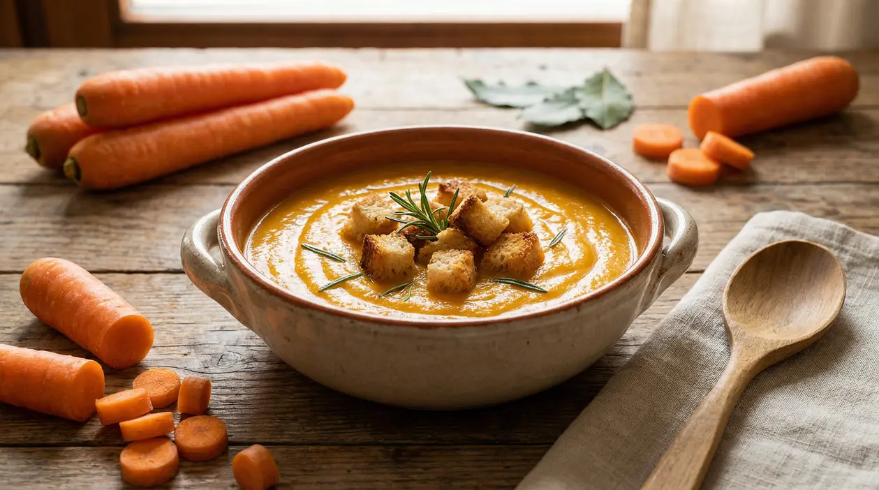 Vellutata di carote servita in una ciotola con crostini e rosmarino su un tavolo rustico