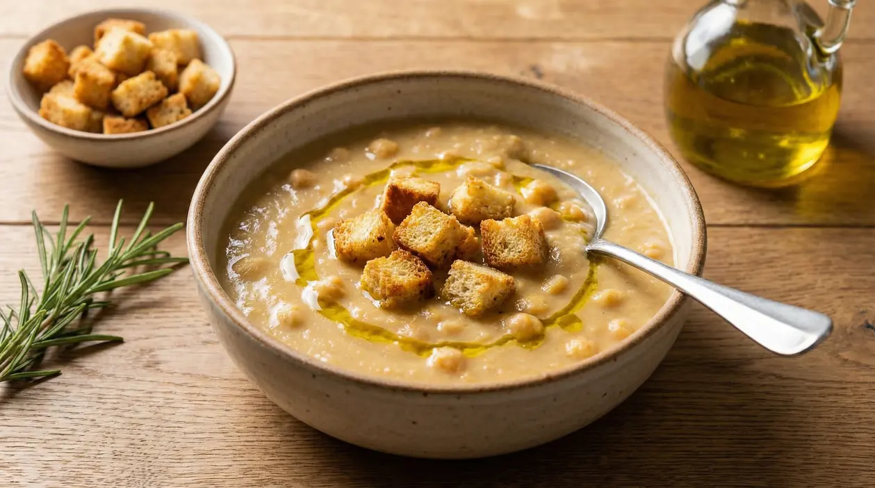 Vellutata di ceci con crostini dorati e olio extravergine in una ciotola di ceramica