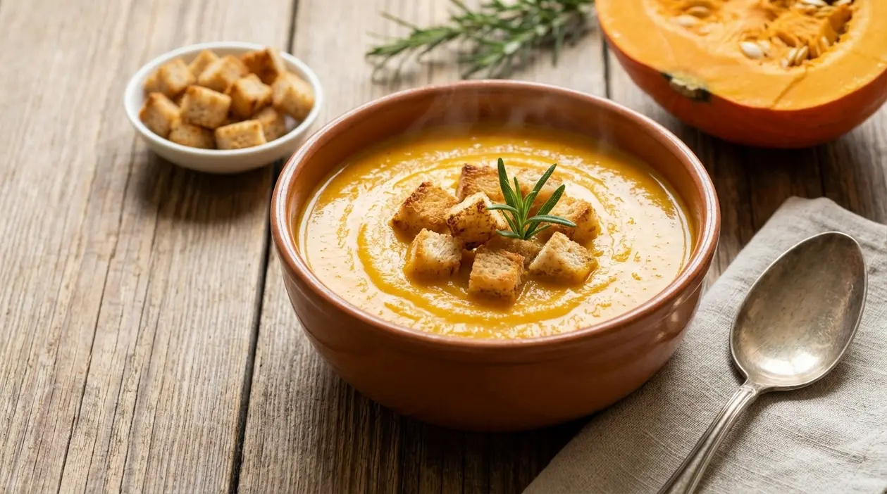 Ciotola di vellutata di zucca cremosa con crostini e rosmarino su tavolo di legno