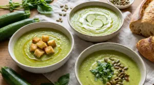 Tre ciotole di vellutata di zucchine con crostini, yogurt e semi, servite con pane e zucchine fresche