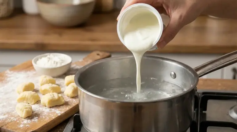 Mano versa yogurt in un pentolino di acqua bollente sul fornello, con impasto e farina su tagliere accanto