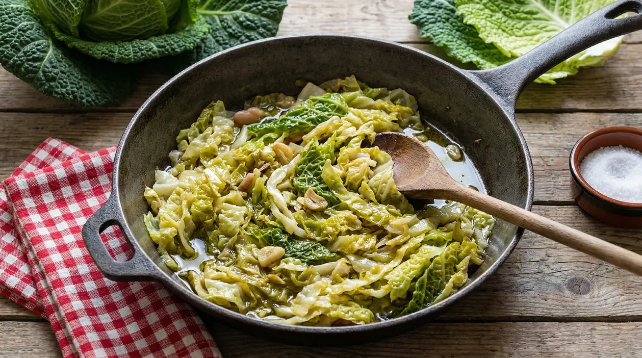 Verza stufata in padella con olio, aglio e legumi su tavolo rustico