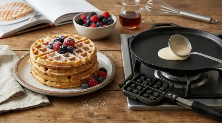Waffle dorati con frutti di bosco su un piatto accanto a una padella in cottura su fornello