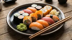 Piatto di sushi assortito con wasabi e zenzero su un tavolo di legno