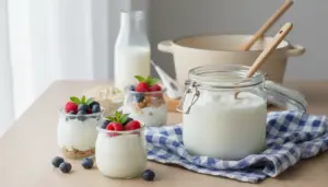 Barattolo di yogurt fatto in casa con cucchiaio di legno e vasetti con frutti di bosco su tavolo