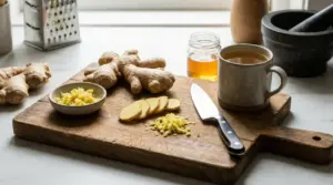 Zenzero fresco a fette e grattugiato su tagliere con tazza di tisana e barattolo di miele in cucina
