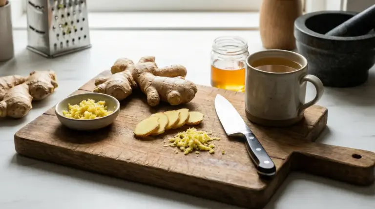 Zenzero fresco a fette e grattugiato su tagliere con tazza di tisana e barattolo di miele in cucina