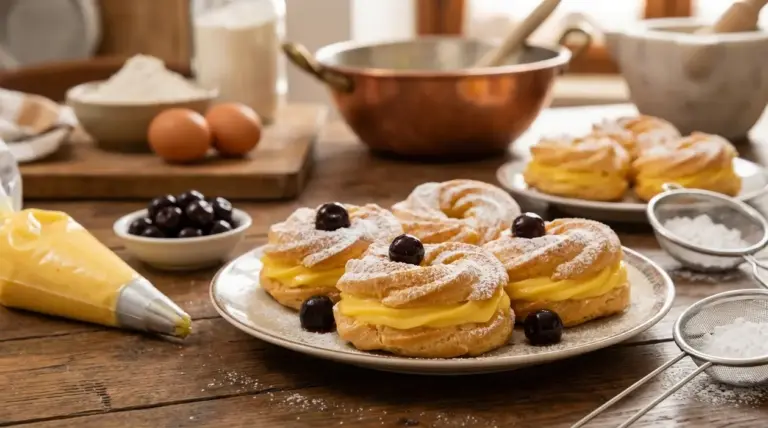 Zeppole di San Giuseppe con crema pasticcera, amarene e zucchero a velo su un tavolo con ingredienti da pasticceria