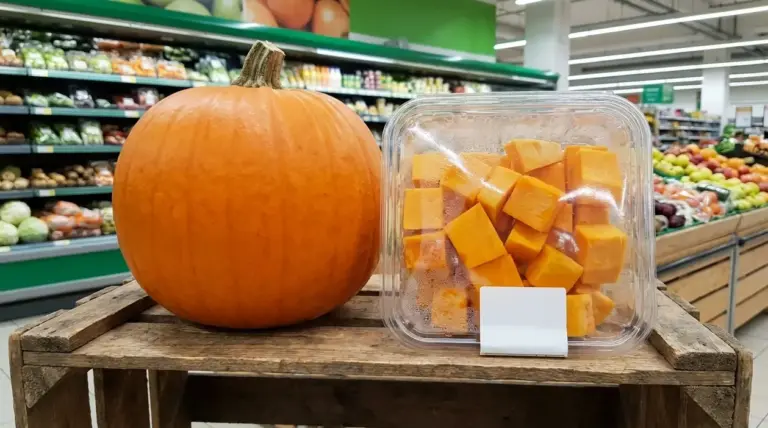 Zucca intera accanto a una vaschetta di zucca già tagliata nel reparto ortofrutta del supermercato