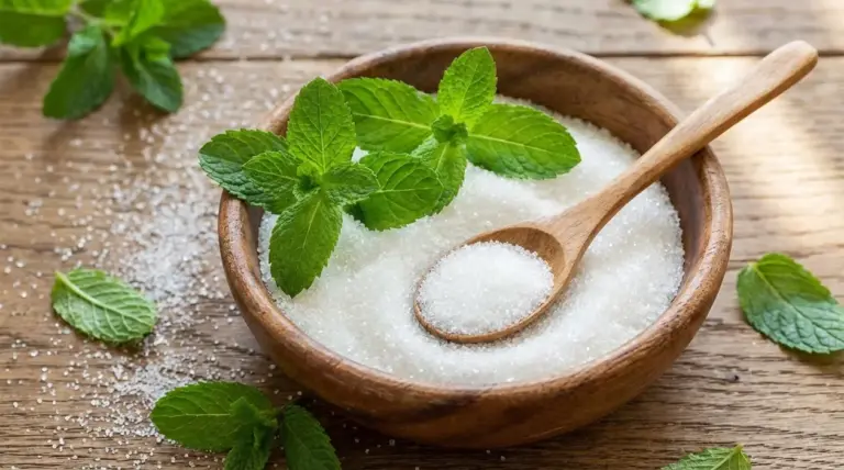 Ciotola di zucchero con foglie di menta fresca e cucchiaio di legno su un tavolo rustico