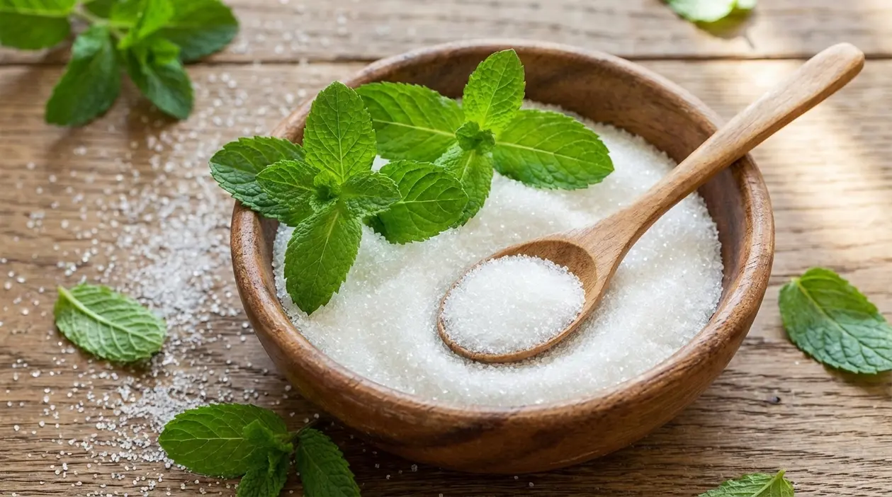 Ciotola di zucchero con foglie di menta fresca e cucchiaio di legno su un tavolo rustico