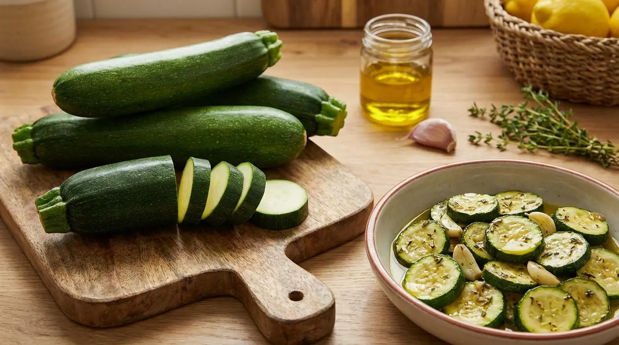 Zucchine con la buccia intere e a fette su tagliere, accanto a un piatto di zucchine cotte con olio e aglio