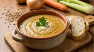 Zuppa cremosa di legumi in ciotola con filo d’olio e prezzemolo, servita con fette di pane su tagliere