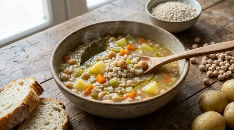 Zuppa d’orzo con ceci e patate in una ciotola, con verdure a dadini e cucchiaio di legno