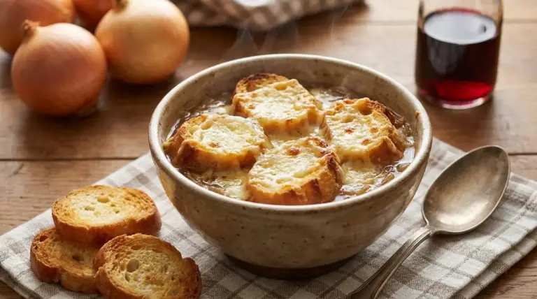 Zuppa di cipolle alla francese con crostini gratinati servita in una ciotola di ceramica