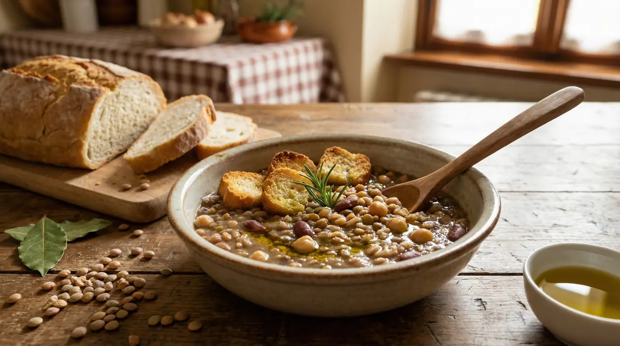 Zuppa di legumi misti con crostini servita in una ciotola rustica su tavolo di legno