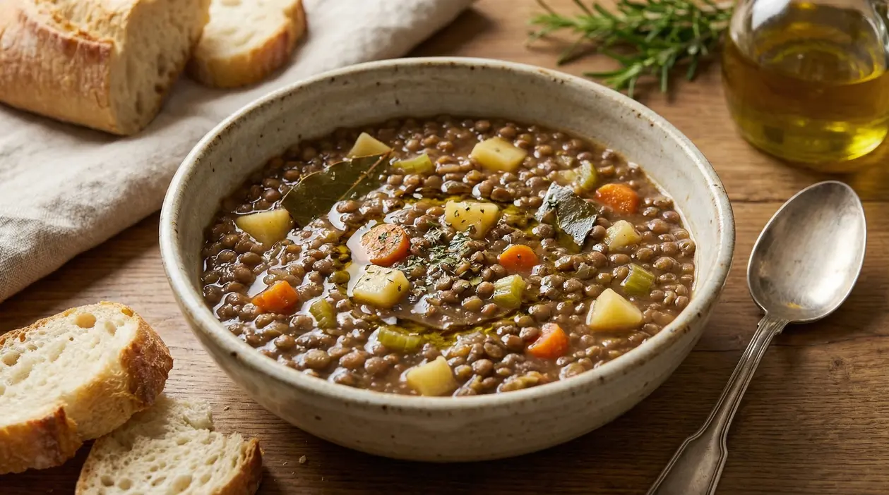 Zuppa di lenticchie con verdure servita in una ciotola di ceramica su tavolo di legno