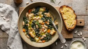 Zuppa toscana con cavolo nero, fagioli, pane e olio d'oliva in una ciotola di ceramica