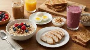 Colazione proteica con uova sode, yogurt con granola, porridge con frutti di bosco, pollo a fette e frullato
