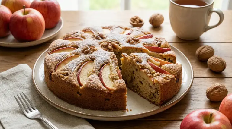 Torta light con mele e noci su piatto, con una fetta tagliata e tazza di tè sul tavolo