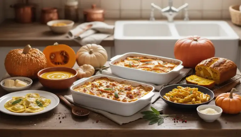 Tavola con piatti a base di zucca: vellutata, pasta e gratin, con zucche intere e a metà in cucina